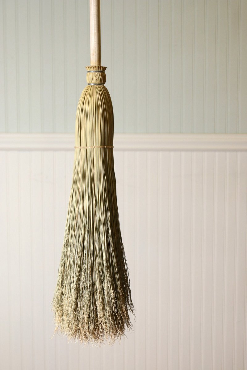 Early American Floor Broom - Traditional Round Sewn Besom - Hardwood Handle