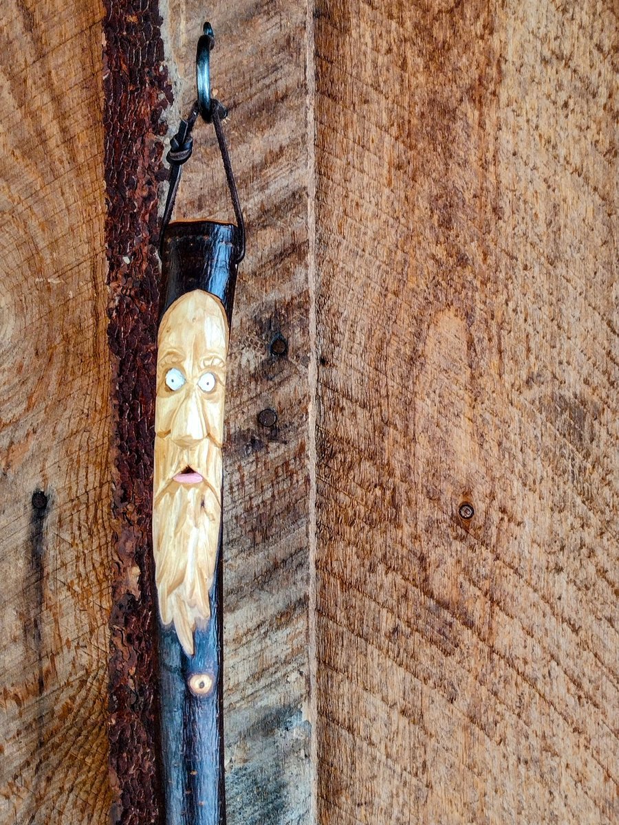 Carved Wood Spirit Kitchen Broom - "Blue Bonnet" - Free Shipping 