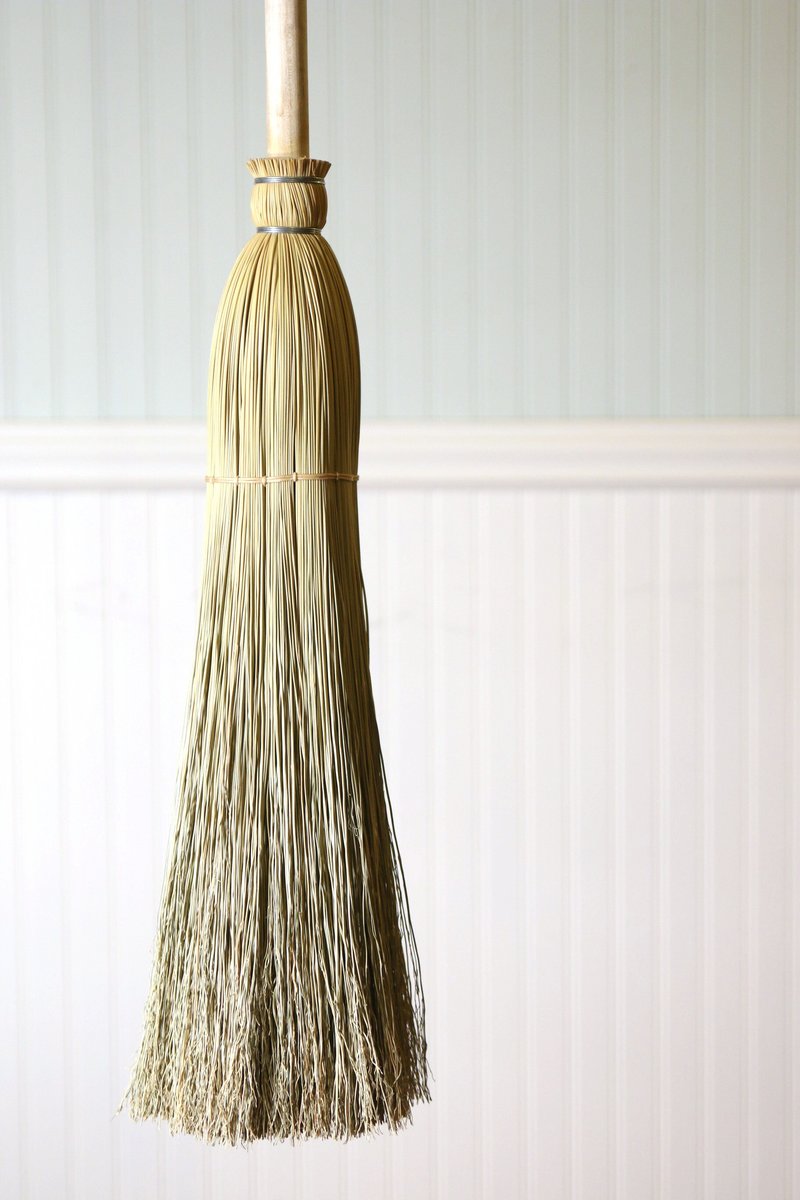 Early American Floor Broom - Trimmed Version - Traditional Round Sewn Besom - Hardwood Handle
