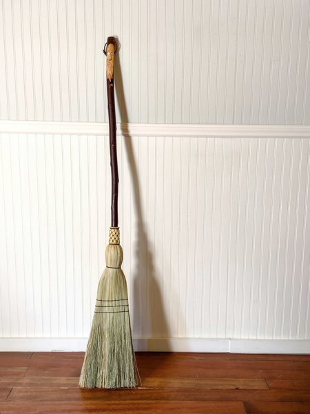 Carved Wood Spirit Kitchen Broom - "Blue Bonnet" - Free Shipping 